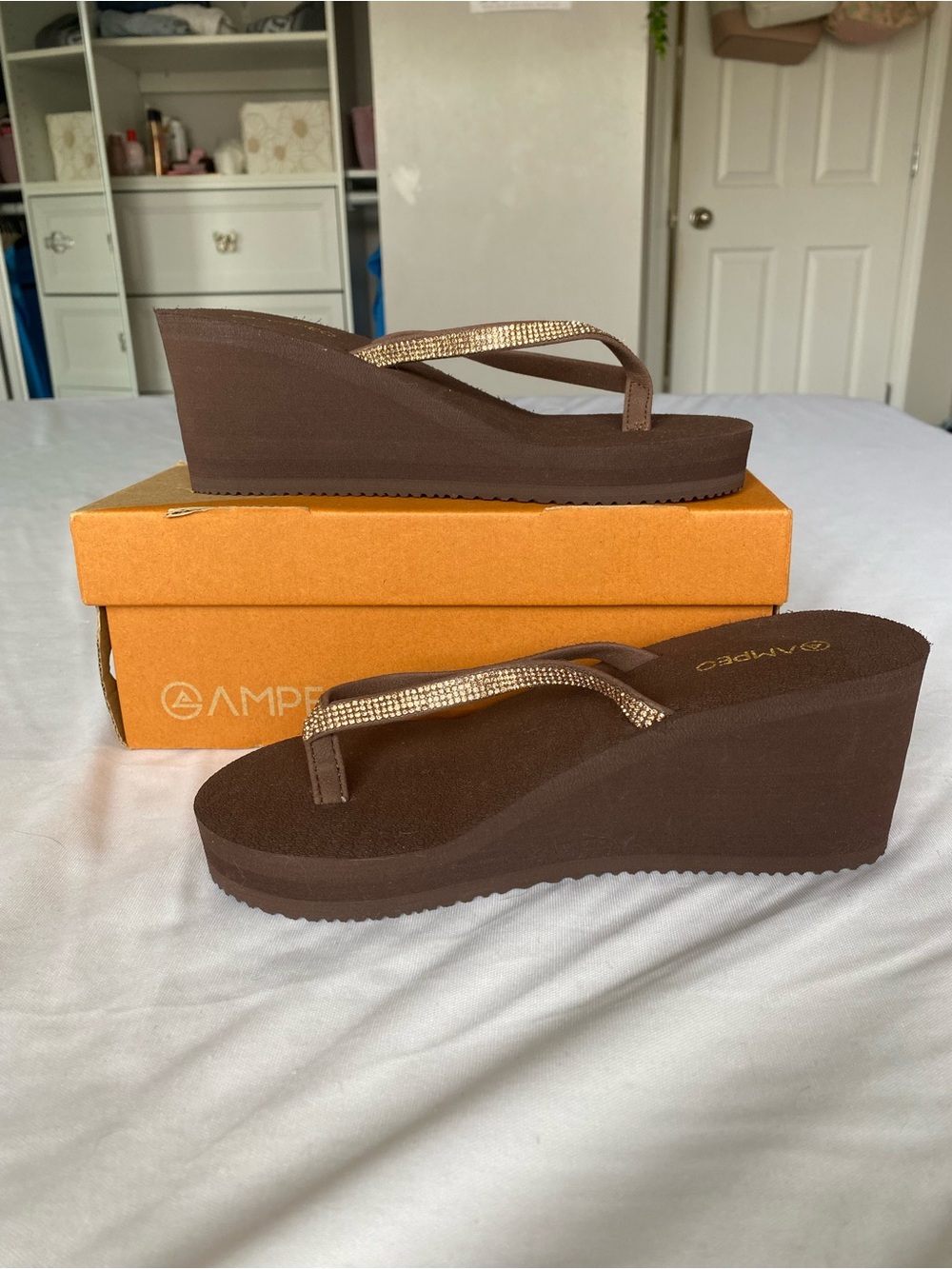 Brown Wedge Flip-Flops with Rhinestone Straps